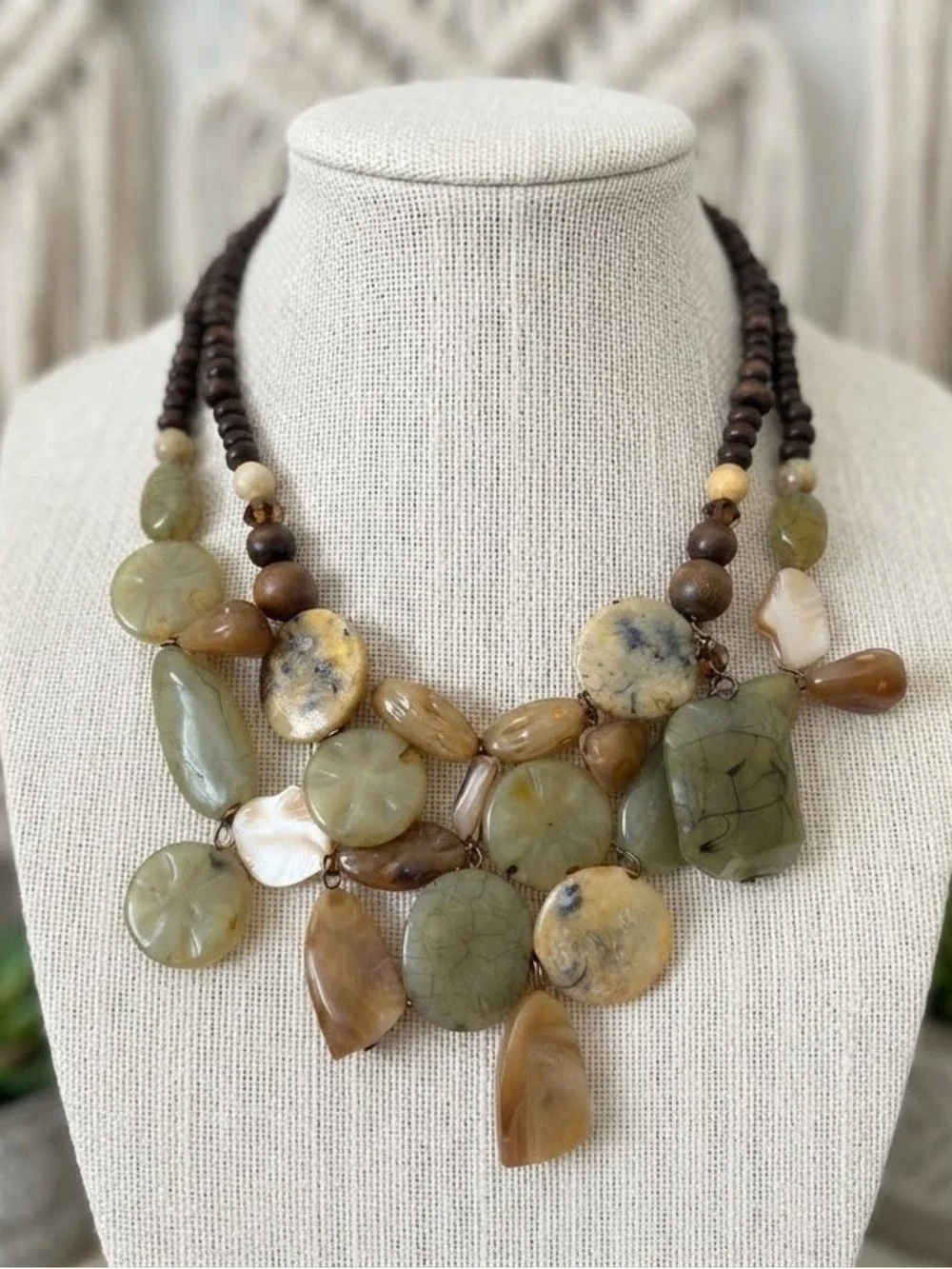 Layered Olive Green and Brown Statement Boho Necklace Earthy tones Chunky Bib